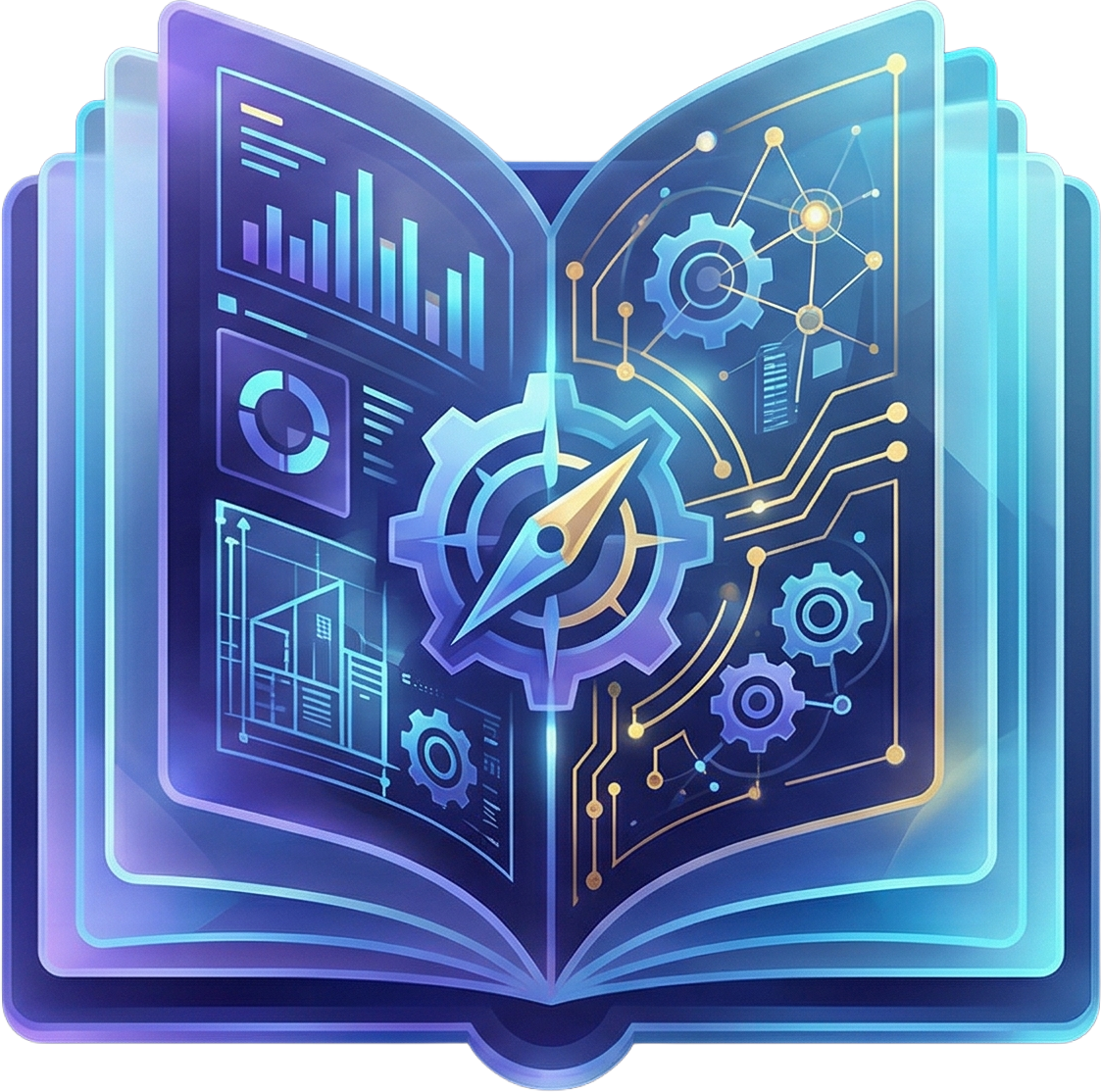 Open book with analytics and engineering graphics