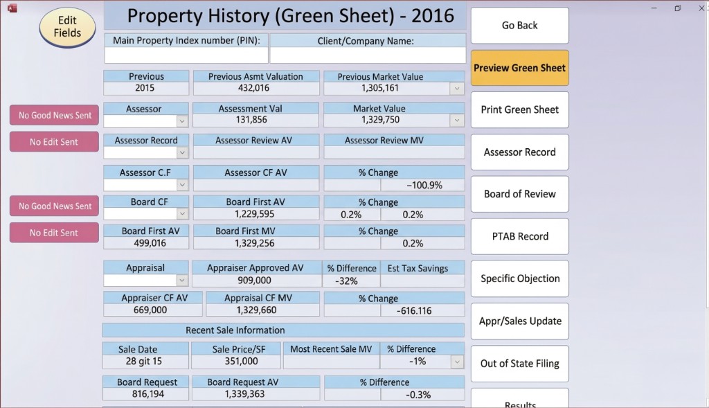 Microsoft Access (Old System) – Property History (Green Sheet) – 2016